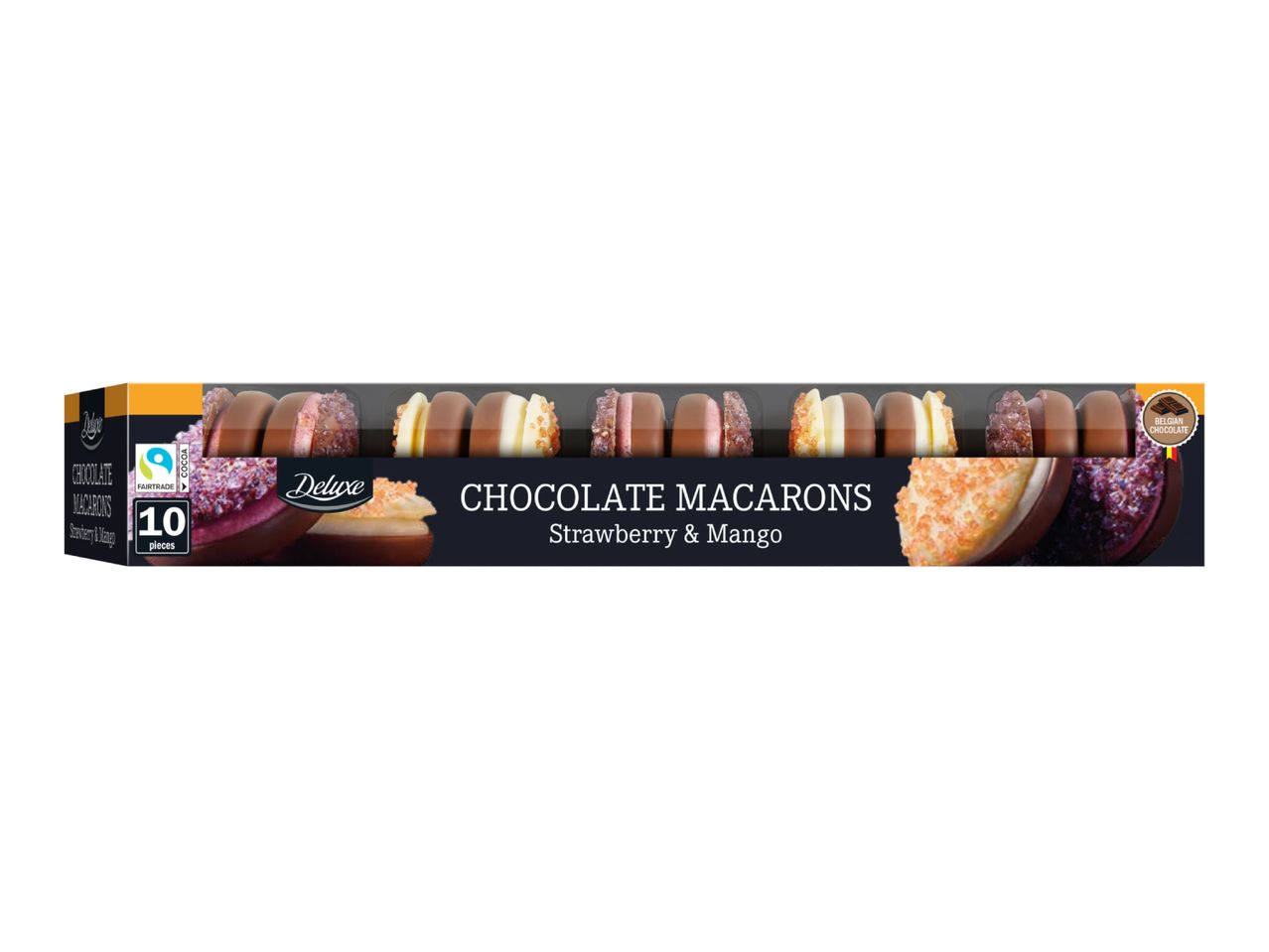A box of chocolate macarons with strawberry and mango flavors, containing 10 pieces.