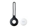 Black silicone holder for a white round device with a button and indicator lights