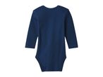 Dark blue long-sleeved baby bodysuit, back view.
