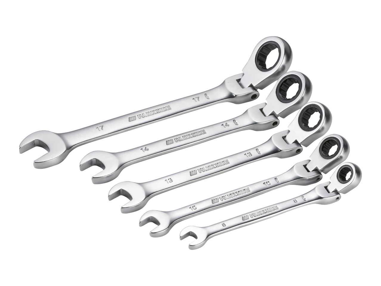 A set of five silver combination ratchet wrenches of various sizes.
