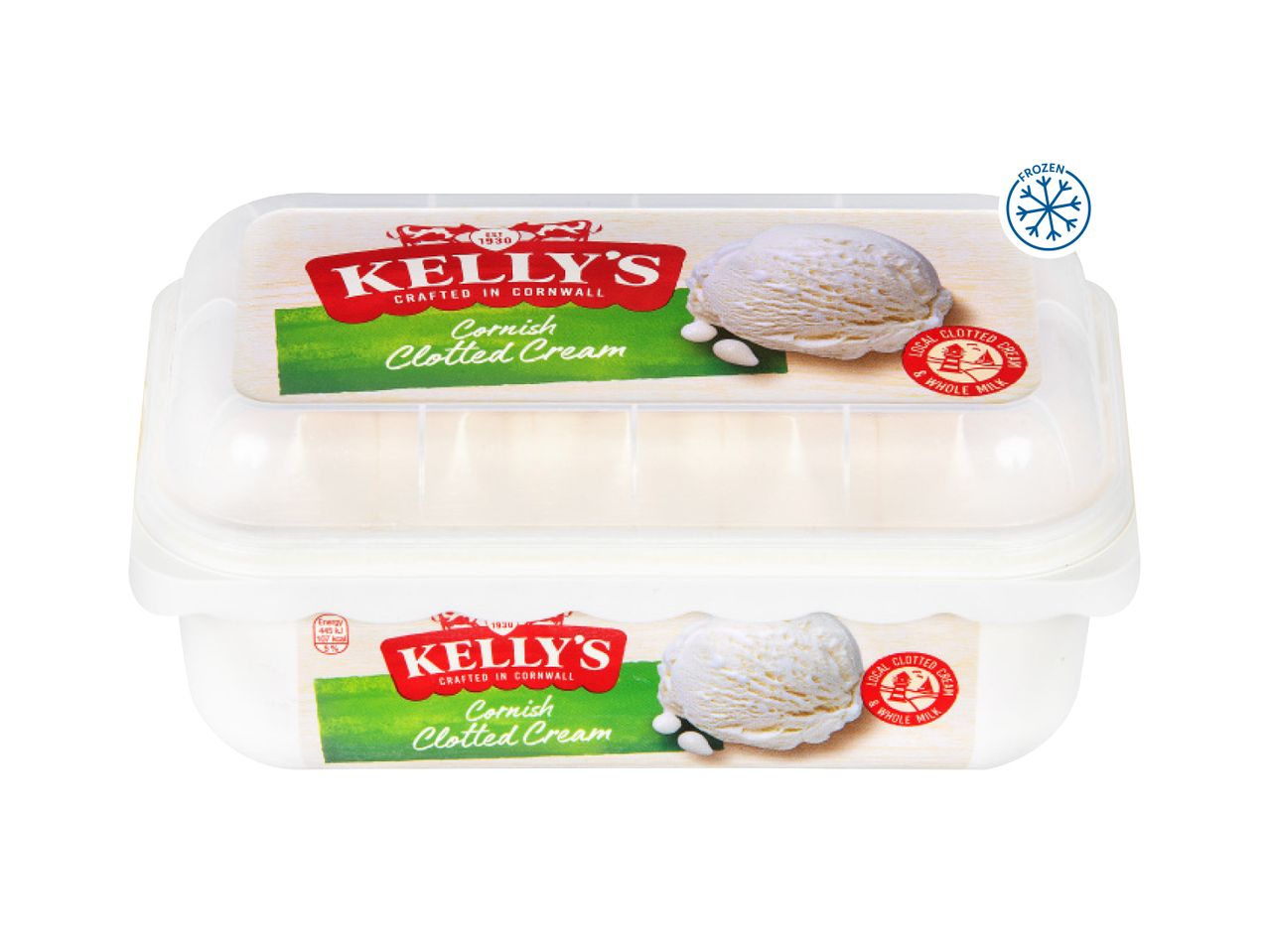 Kelly's Cornish Clotted Cream ice cream tubs, with a frozen snowflake icon.
