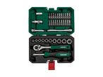 A tool kit with various screwdriver bits, sockets, and ratchets in a green and black case.