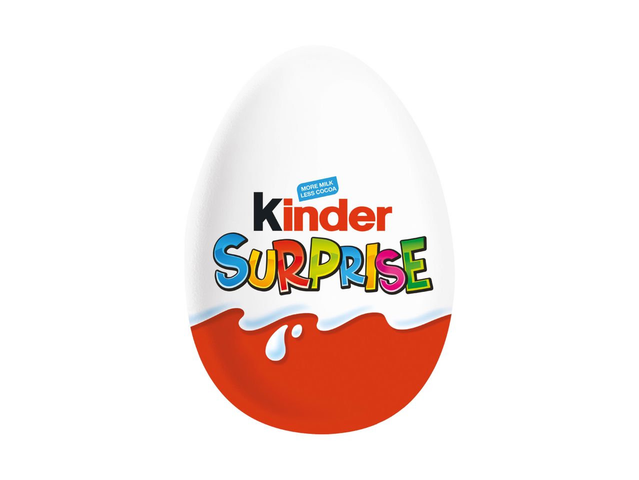 White and red egg-shaped chocolate with colorful 'SURPRISE' text and 'MORE MILK LESS COCOA' label.