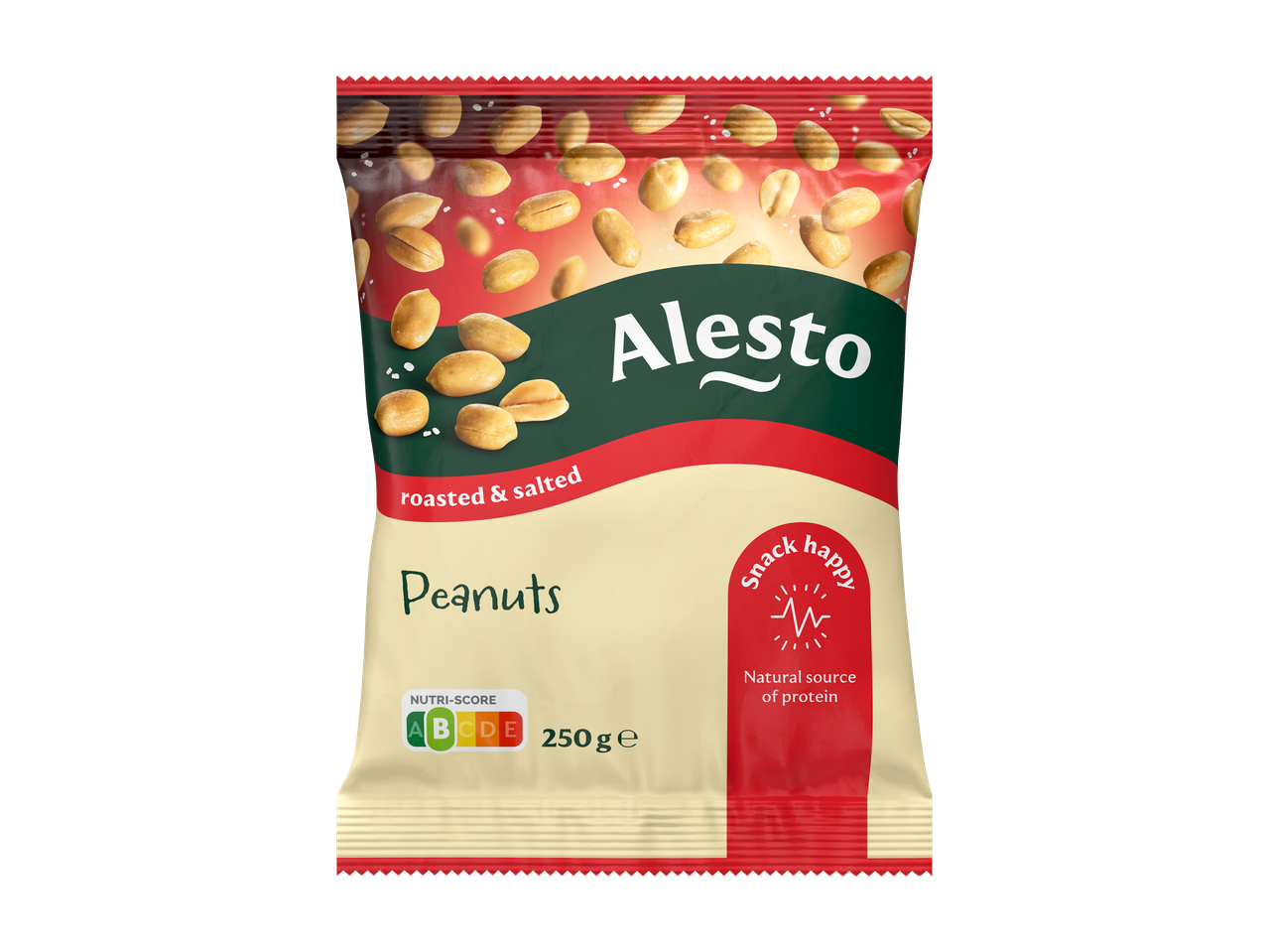 Alesto Pinda's, gebrand en gezouten, 250g verpakking met Nutri-Score A.