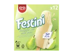 Verpakking van perenijsjes met 12 stuks, 50 kcal per ijsje, zonder kunstmatige kleur- en smaakstoffen.