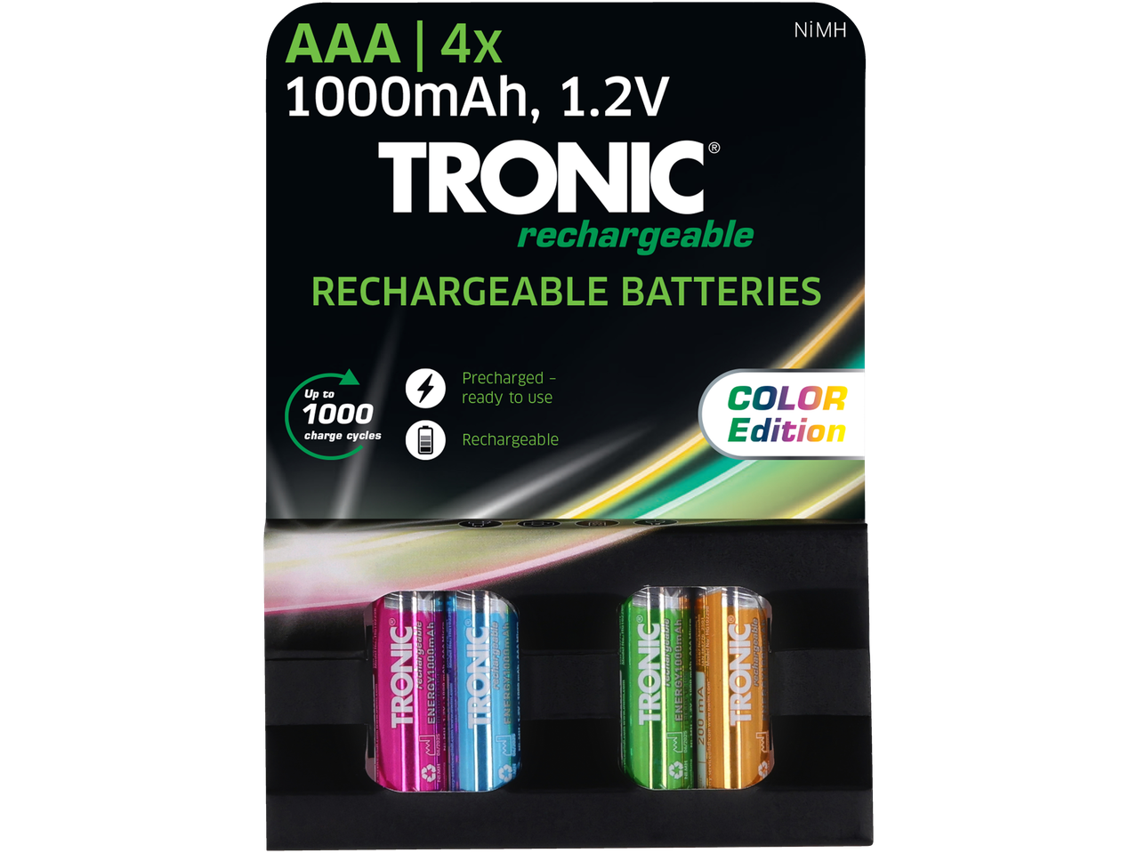 TRONIC AAA oplaadbare batterijen, 4 stuks, 1000mAh, 1.2V, in verschillende kleuren