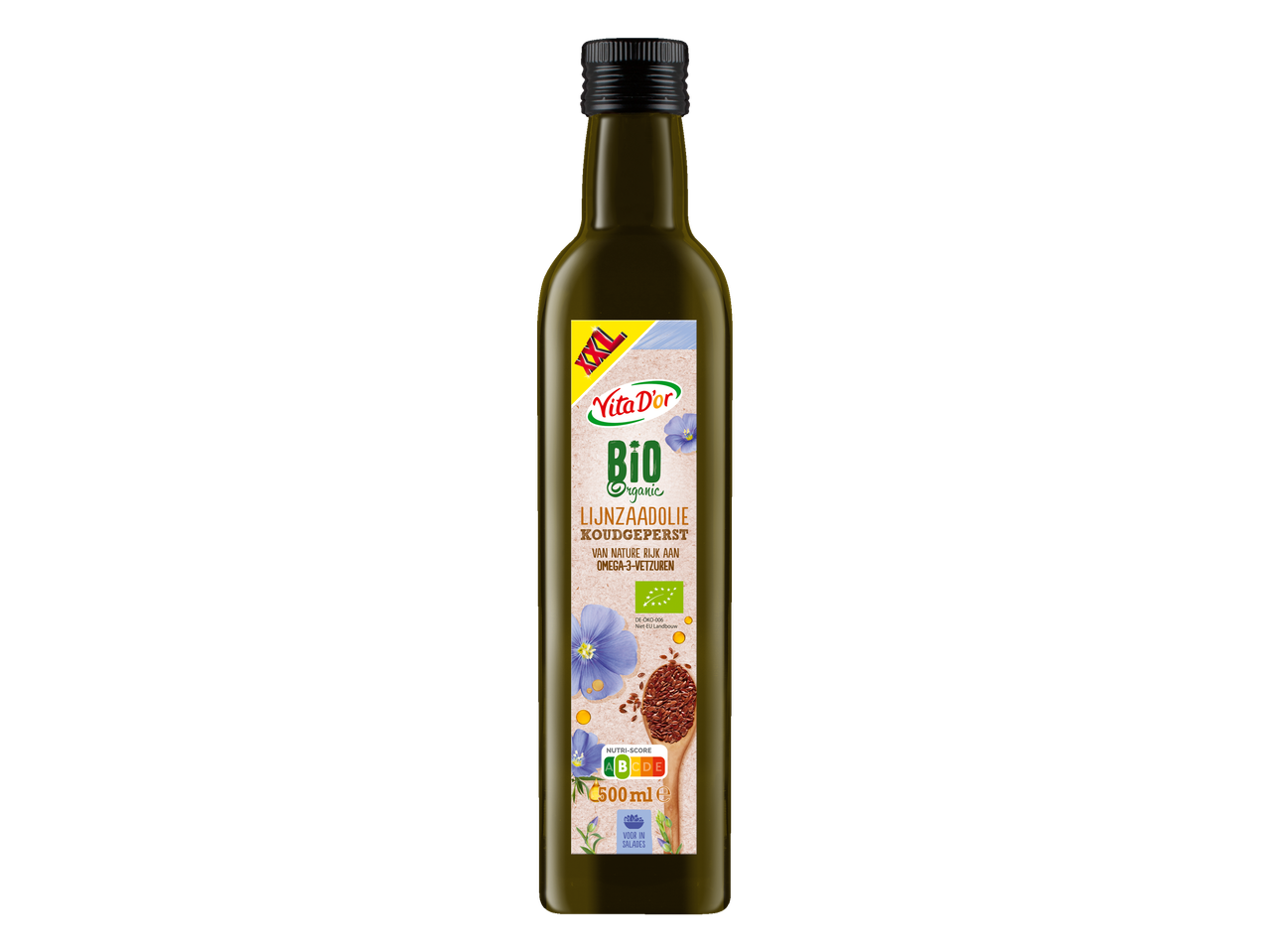 Vita D'or Bio koudgeperste lijnzaadolie in een fles met Nutri-Score A.