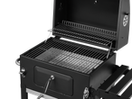 Grelhador a carvão GRILLMEISTER aberto com grelhas de cozedura e gaveta de cinzas