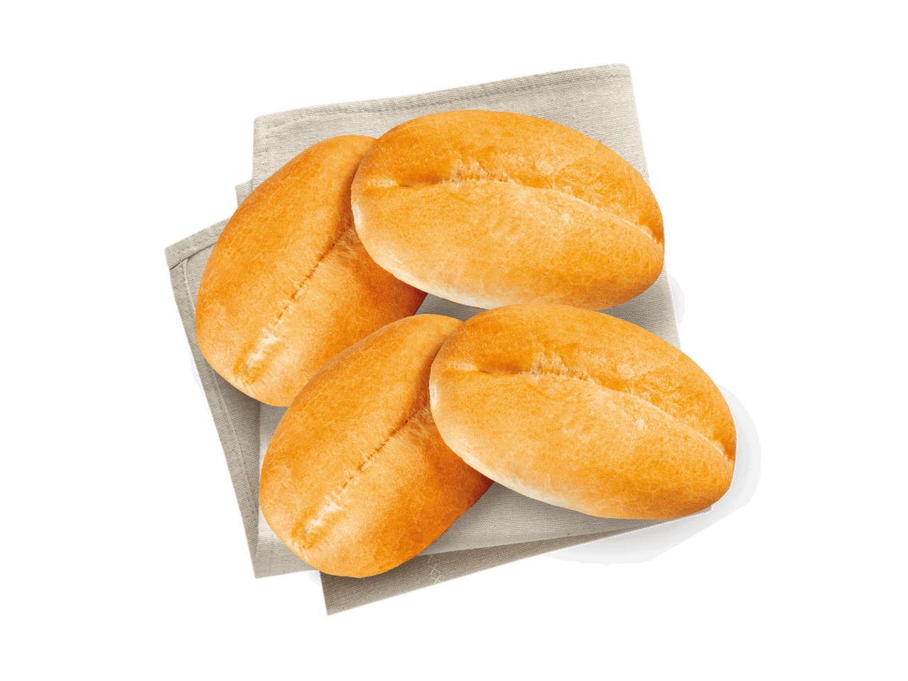 Vier goldbraune Brötchen auf einem hellen Leinentuch, von oben gesehen.