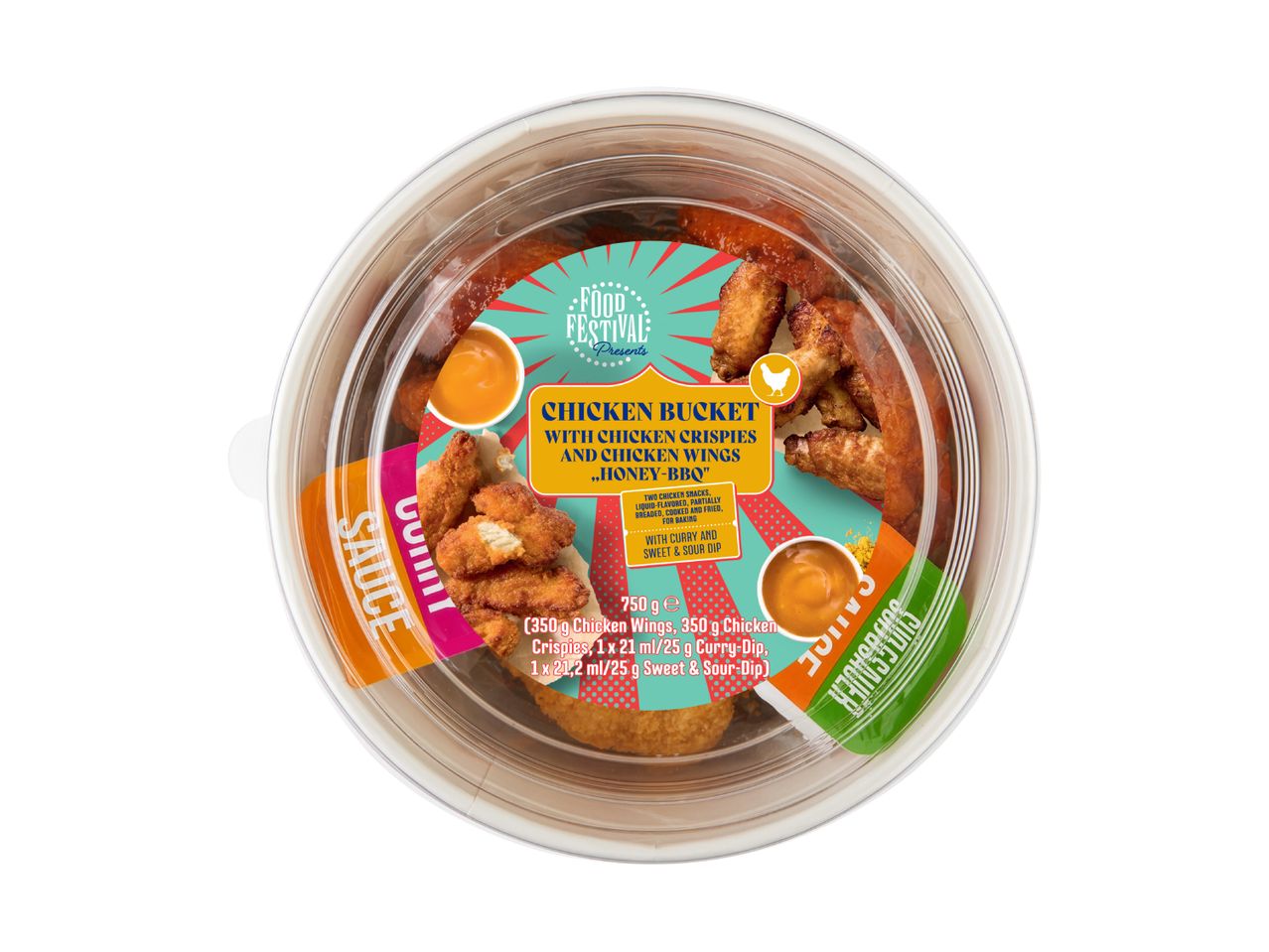 Chicken bucket with chicken crispies, chicken wings, and two dips.