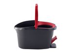 Black mop bucket with red handle and wringer