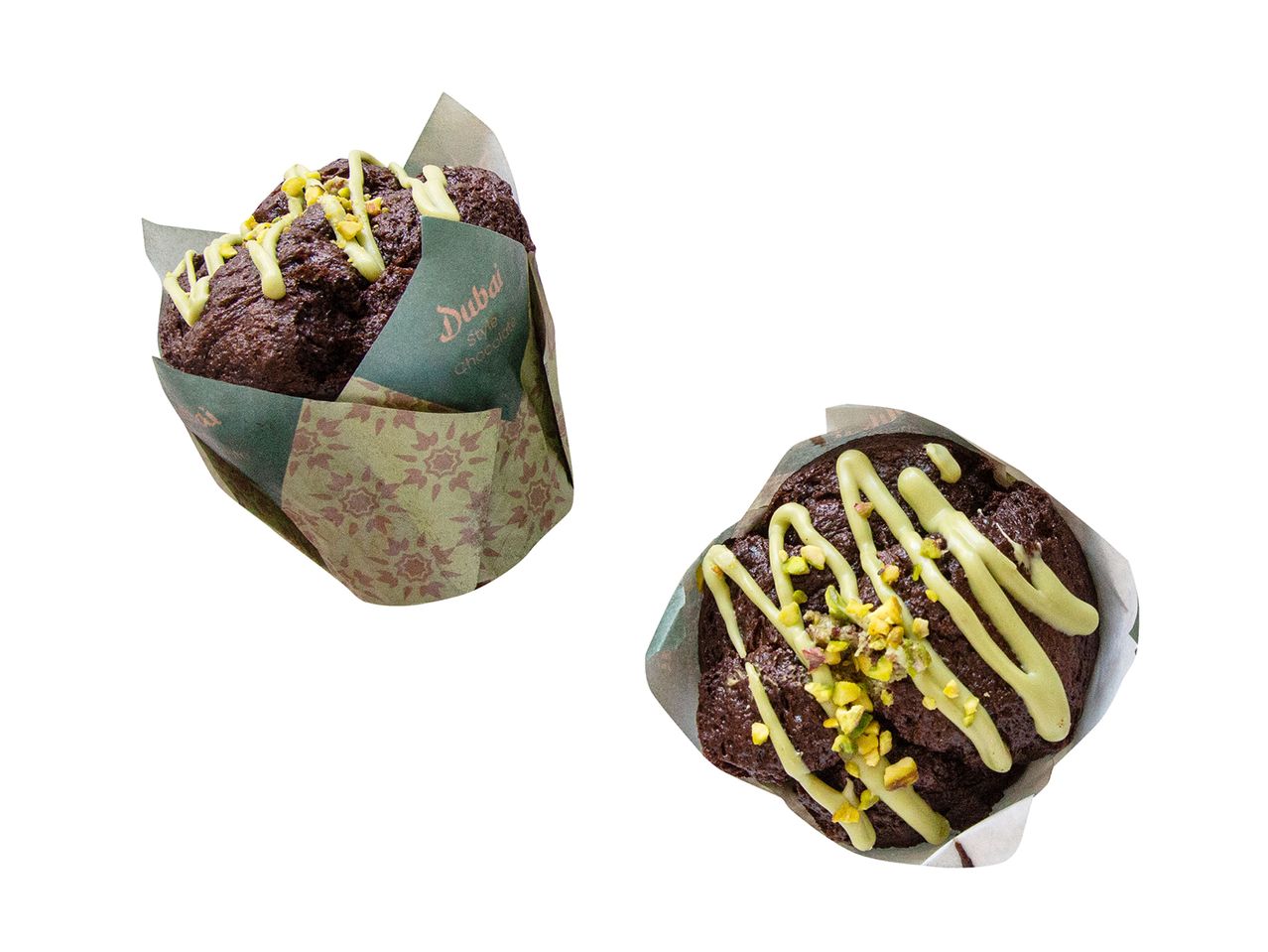 Kaksi tummaa muffinssia, joissa on kullanväristä kuorrutetta.