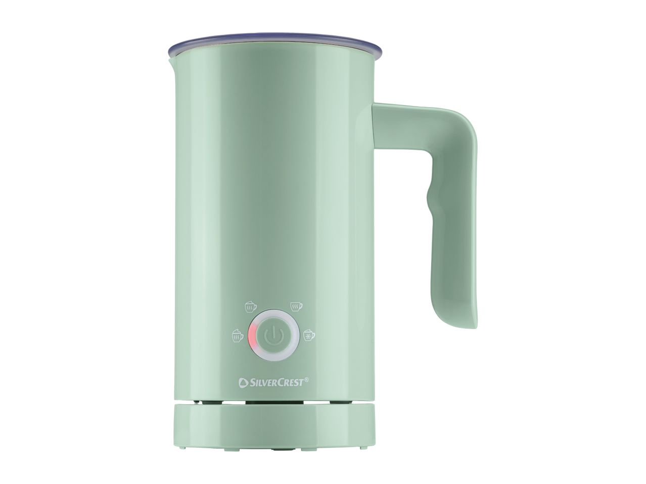 Light green milk frother with a handle and illuminated power button, showing various frothing options.