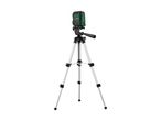 A green and black laser level mounted on a silver tripod.