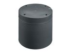 Dark grey round plastic planter with measurements and capacity details