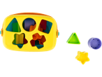 Yellow shape sorter with colorful shapes and separate play pieces.