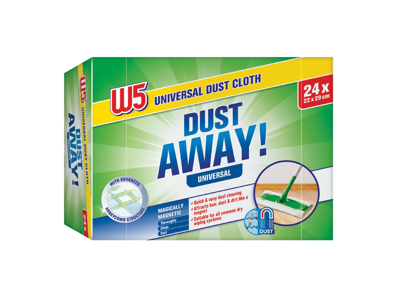 Kutija univerzalnih krpa za prašinu sa 24 komada, dimenzija 22x29 cm, sa natpisom „Dust Away!“.