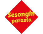 Punainen vinoneliömerkki, jossa keltainen teksti 'Sesongin parasta'.