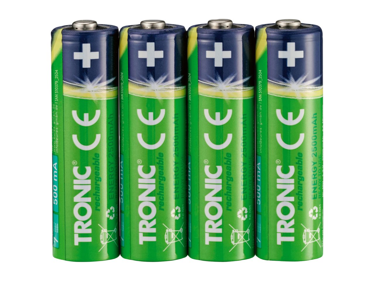 Four green and blue rechargeable batteries with a plus sign and text indicating 2500mAh energy.