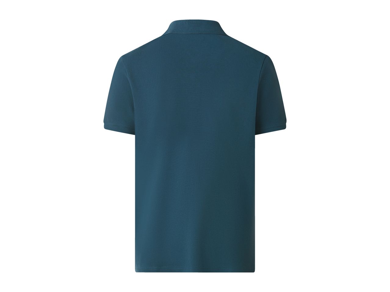Back view of a plain dark teal men's polo shirt with short sleeves and a collar.