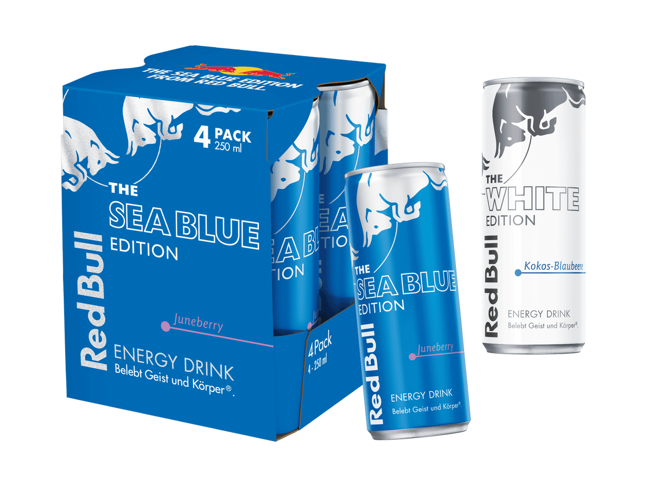 Red Bull Sea Blue Edition 4er-Pack und eine einzelne Red Bull White Edition Dose.
