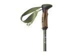 Green trekking pole with a cork and black handle, and a green strap.