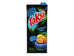 Zwarte tropische fruitdrankverpakking met ananas, passievrucht en een blauwe slang, rijk aan vitamine C.