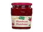 Confiture de framboises Maribel dans un pot en verre avec un couvercle rouge et une étiquette indiquant 50% de fruits.