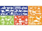 Sei stencil colorati con immagini di veicoli, dinosauri, navi e altri oggetti.