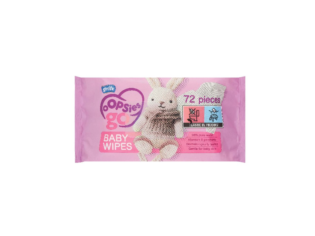 Grife OOPSies Go kūdikių servetėlės, 72 vnt., su triušio atvaizdu, rožinė pakuotė.