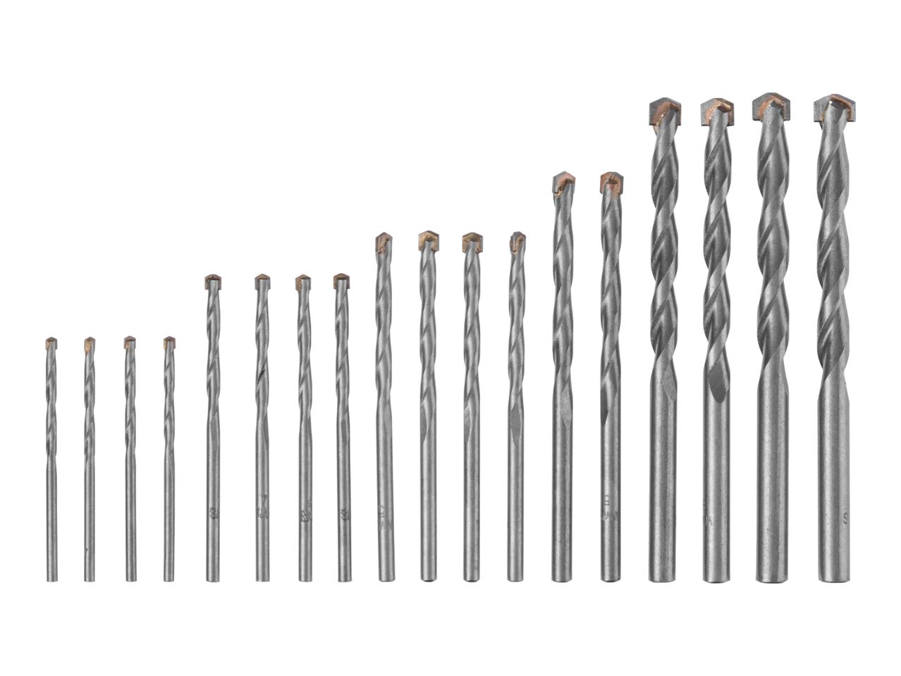 A set of various sized masonry drill bits with carbide tips, arranged from smallest to largest.
