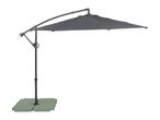 Cantilever parasol with a dark grey canopy and a light green base.