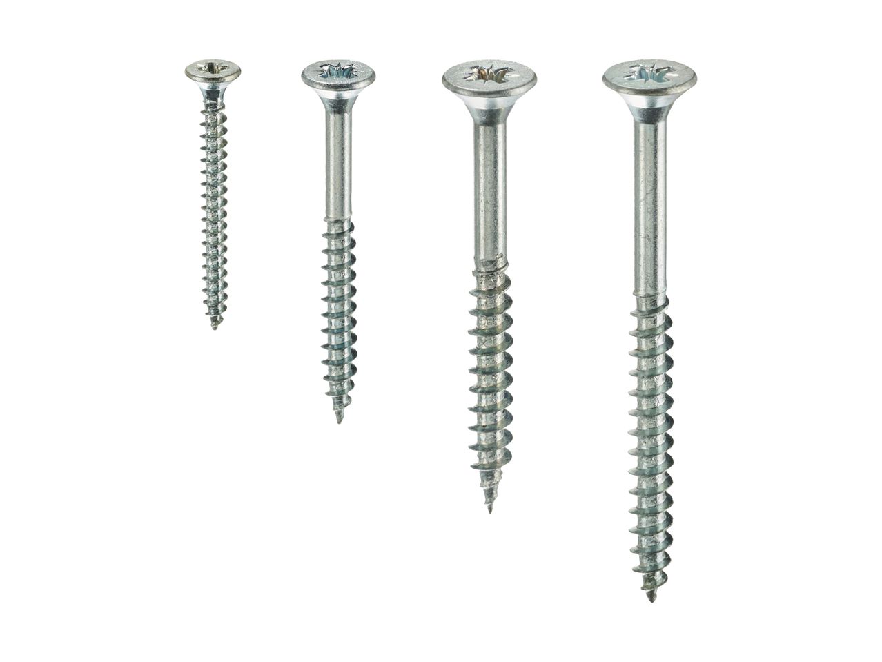 Four silver-colored wood screws of varying lengths, arranged from shortest to longest.