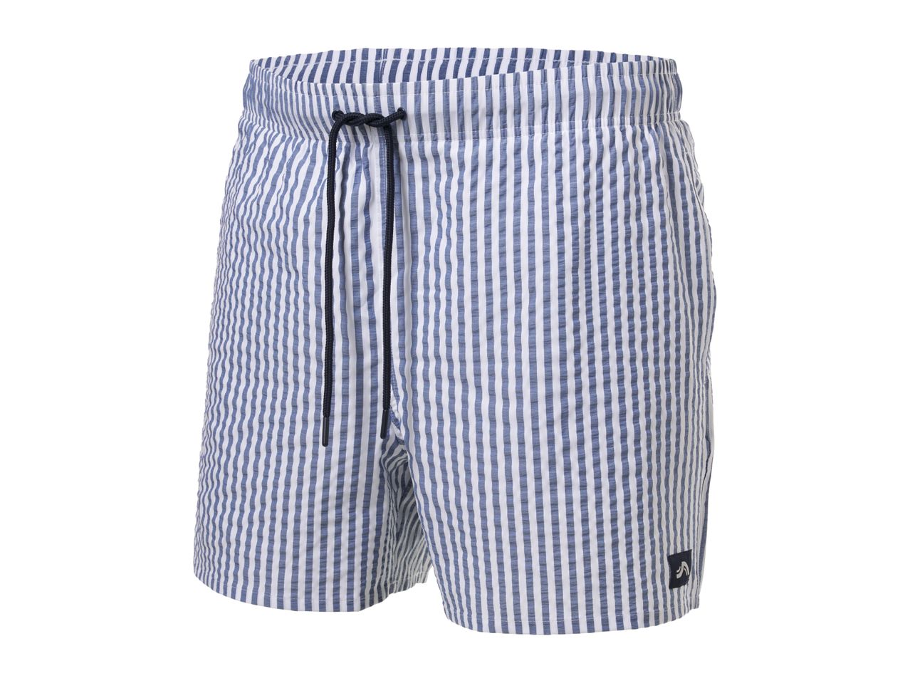 Men's blue and white striped swim shorts with a black drawstring.