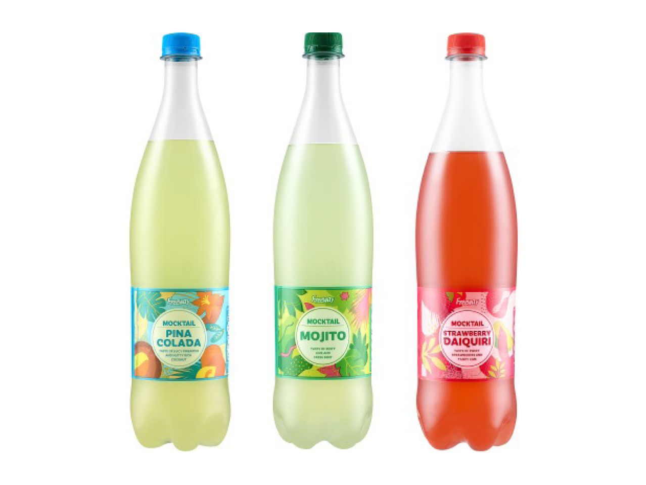 Three bottles of mocktails: Pina Colada, Mojito, and Strawberry Daiquiri.