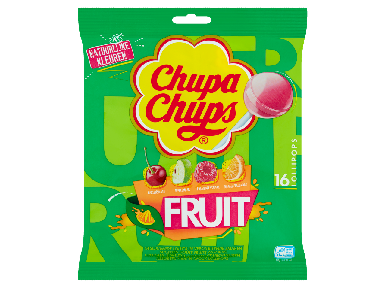 Chupa Chups Fruit lolly's met natuurlijke kleuren, 16 lolly's met diverse fruitsmaken.