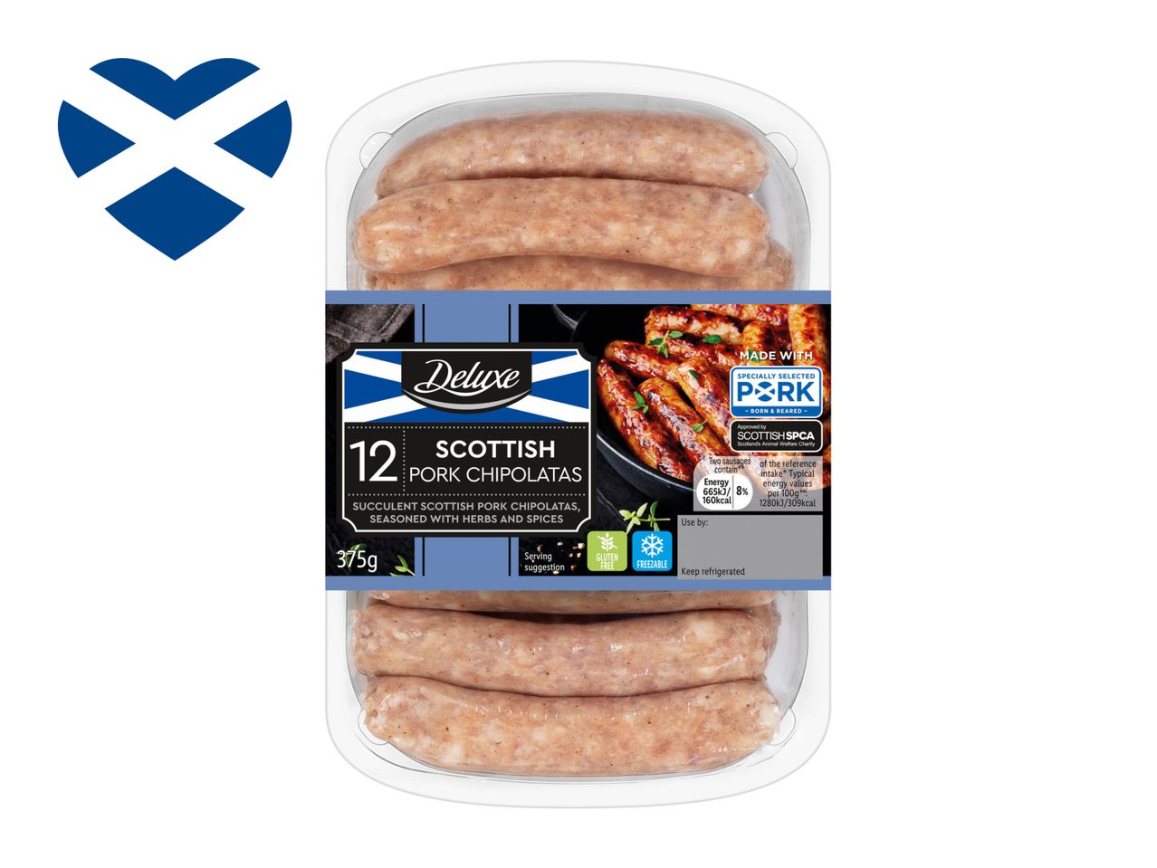 12 Deluxe Scottish pork chipolatas, seasoned with herbs and spices.