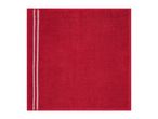 Red hand towel with two vertical white stripes on the left side.