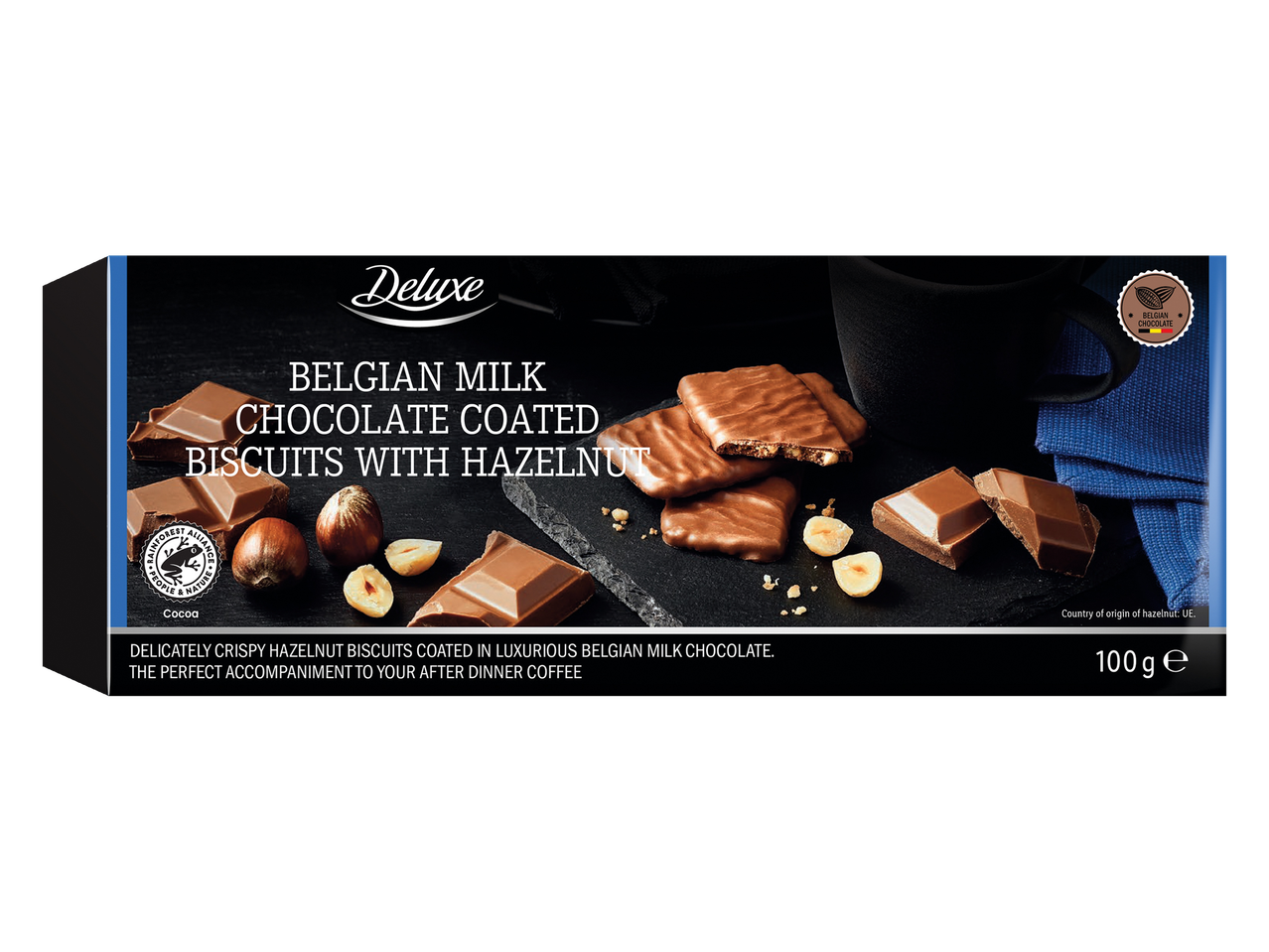 Deluxe belgiškų pieniško šokolado sausainių su lazdyno riešutais pakuotė.