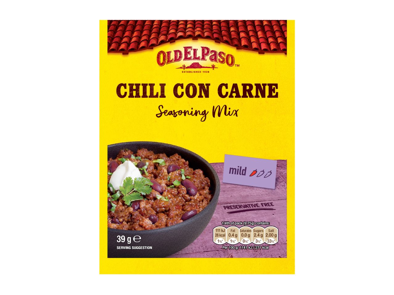 A 39g packet of mild chili con carne seasoning mix.