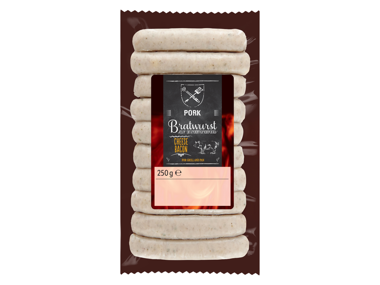 250g cârnați Bratwurst de porc cu brânză și bacon.
