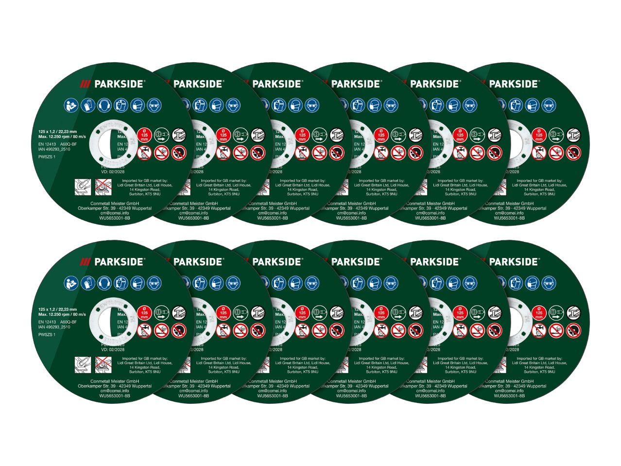 A stack of green cutting discs for angle grinders, showing safety icons and product specifications.