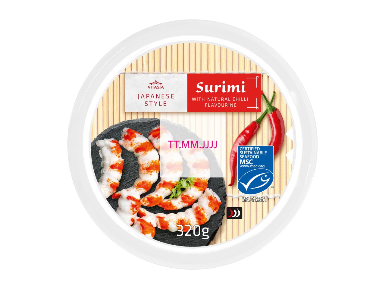 Japanese style surimi with natural chilli flavouring, 320g, with MSC certification.