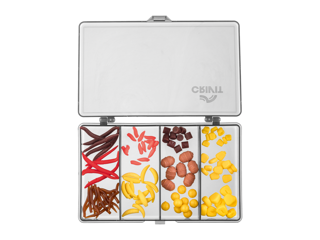 CRIVIT set varalica za pecanje sa crvima, larvama i kukuruzom u raznim bojama i oblicima.