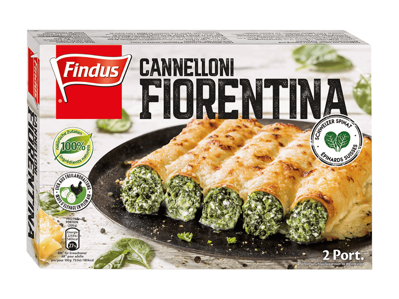 Packung Cannelloni Fiorentina mit Schweizer Spinat und Eiern aus Freilandhaltung.