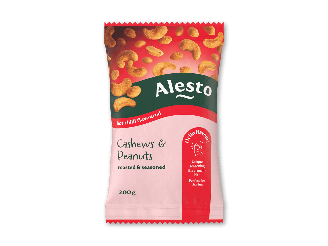En pose med hot chili-smagte cashewnødder og peanuts, ristede og krydrede, 200g.