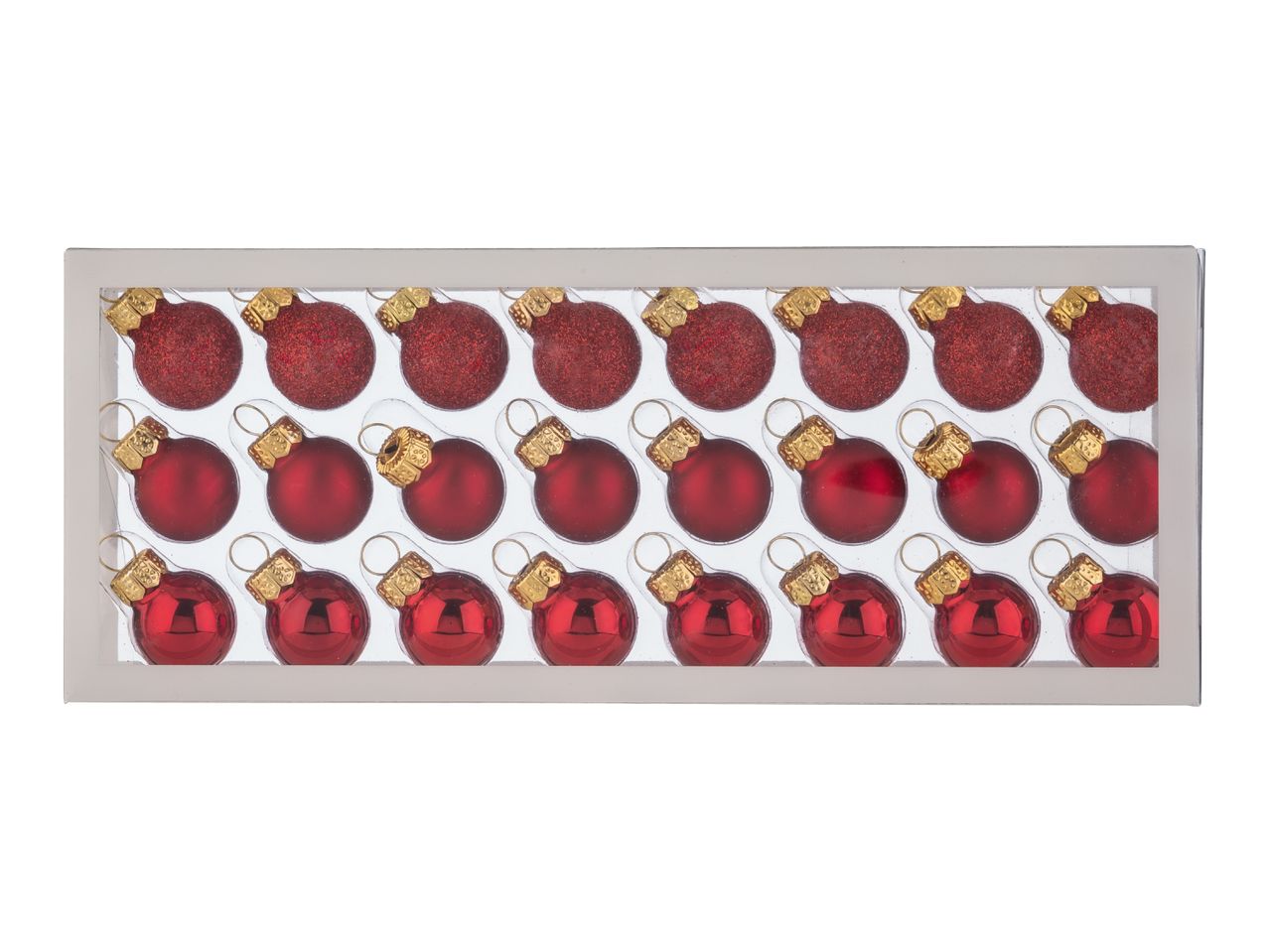 Box of 24 mini red Christmas baubles in three different finishes