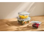 SILVERCREST® Glass Food Storage Containers with salad, fruit, and vegetables on a wooden table.