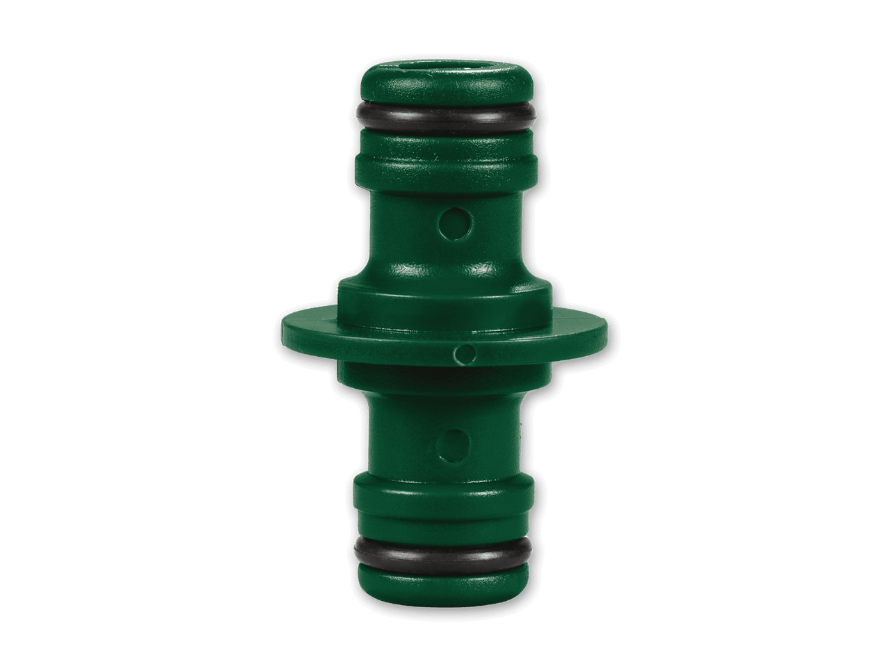 Grüner Schlauchverbinder mit zwei Anschlüssen und schwarzen Dichtungsringen