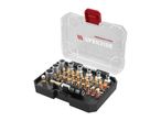 Screwdriver bit set with various bits, sockets, and an adapter in a clear case.
